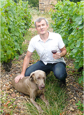 Christophe Coquard et son chien dans les vignes du Beaujolais