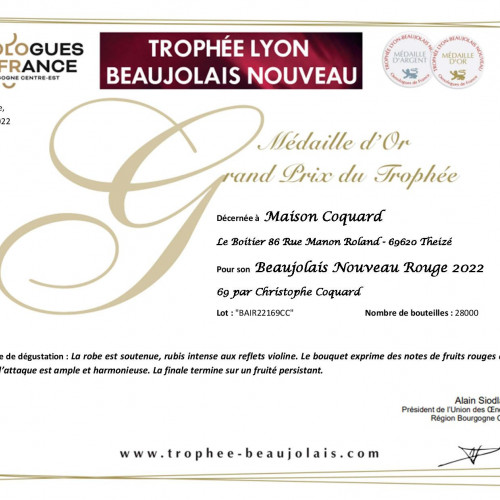 Trophée Lyon Beaujolais Nouveau 2022 / 2 distinctions dont 1 Grand Prix du Trophée pour la cuvée "69"