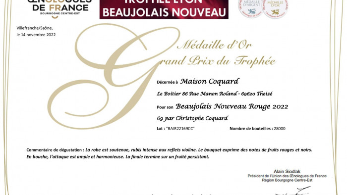 Trophée Lyon Beaujolais Nouveau 2022 / 2 distinctions dont 1 Grand Prix du Trophée pour la cuvée "69"