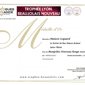 Trophée Lyon Beaujolais Nouveau 2022 / 2 distinctions dont 1 Grand Prix du Trophée pour la cuvée "69"