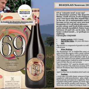 Trophée des Beaujolais Nouveaux 2023 / Médaille d&#039;Or pour le Beaujolais Nouveau "Cuvée 69"