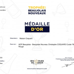 Trophée des Beaujolais Nouveaux 2023 / Médaille d&#039;Or pour le Beaujolais Nouveau "Cuvée 69"