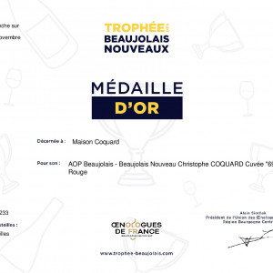 Trophée des Beaujolais Nouveaux 2023 / Gold Medal for Beaujolais Nouveau "Cuvée 69"