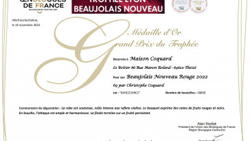 Trophée Lyon Beaujolais Nouveau 2022 / 2 distinctions dont 1 Grand Prix du Trophée pour la cuvée "69"